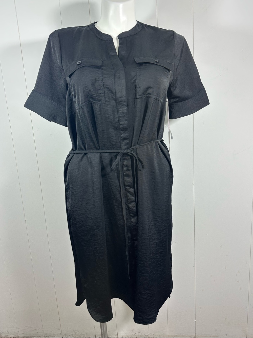 NEW Simply Vera Vera Wang Sz L Black Belted Shirt Dress Button Up Career Top